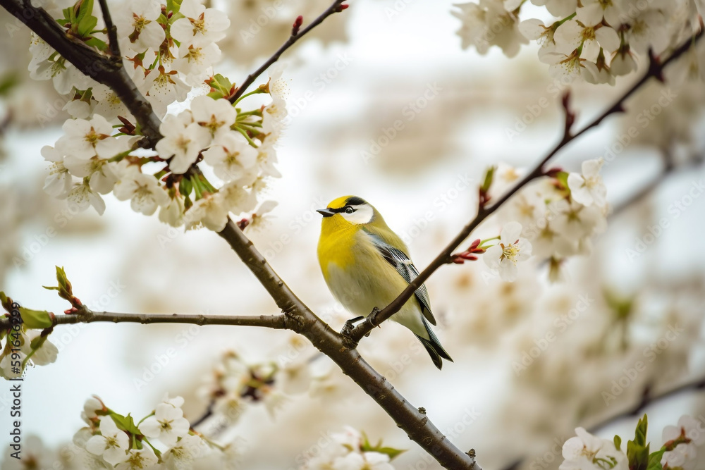 Naklejka premium A bird sits on a branch of a cherry tree with white flowers in the background.