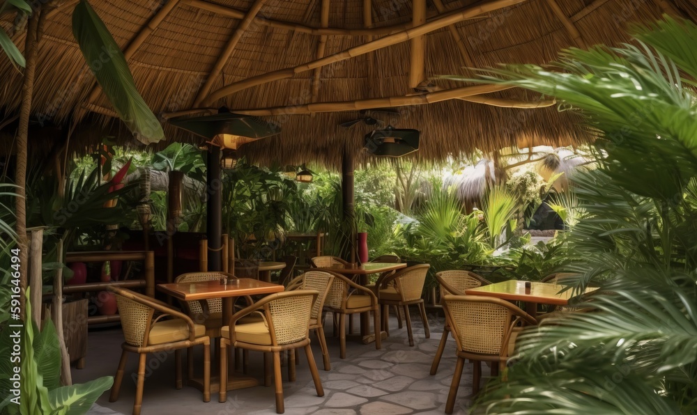 Fototapeta premium a restaurant with a thatched roof and tables and chairs. generative ai