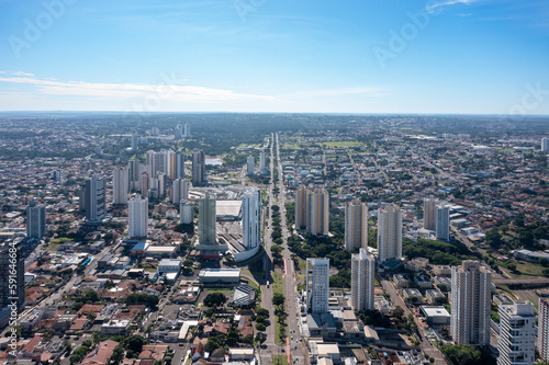 Aerial view of Afonso Pena avenue in the center of Campo Grande with a view of the park of powers and park of indigenous nations in the background  MS  Brazil