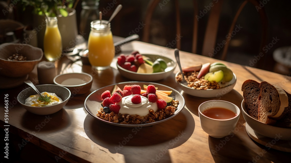 breakfast avocado toast, granola, yogurt, and fresh fruit, on a table with morning sunlight streaming in
