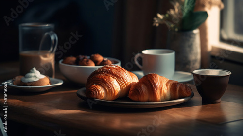 Create a cozy scene with a freshly brewed cup of coffee, accompanied by an assortment of pastries,  croissants