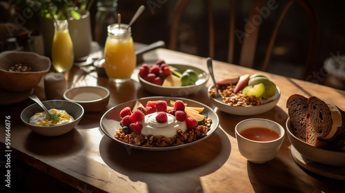 breakfast avocado toast, granola, yogurt, and fresh fruit, on a table with morning sunlight streaming in