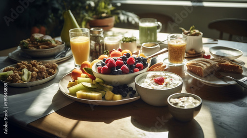 breakfast avocado toast, granola, yogurt, and fresh fruit, on a table with morning sunlight streaming in