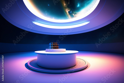 Interior blue futuristic background, sci-fi interior concept. Empty interior with neon lights 3D illustration. 3D rendering Abstract blue room. 