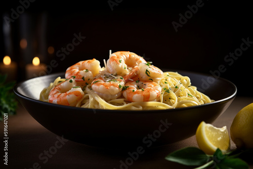 A bowl of shrimp pasta with lemon wedges on the side.