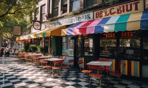  a checkered floor in front of a restaurant with colorful awnings.  generative ai © Anna