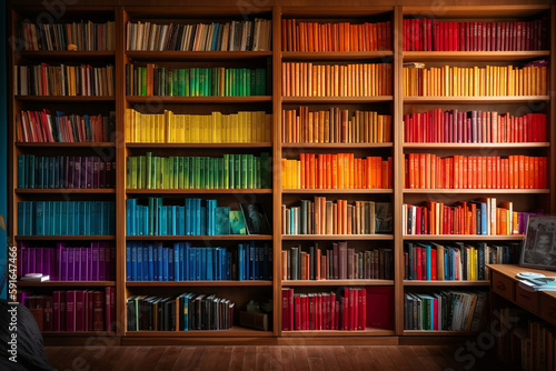 A bookshelf with books arranged by color, World Book Day Generative AI