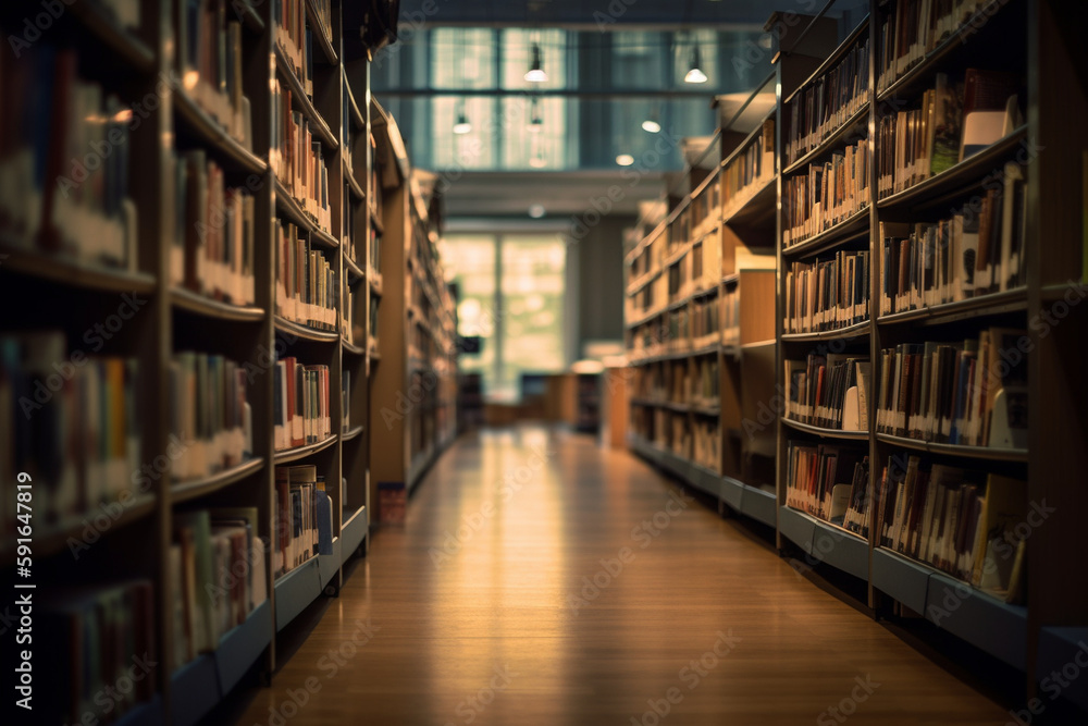 A picture of a library with bookshelves and no people, bokeh, World Book Day Generative AI