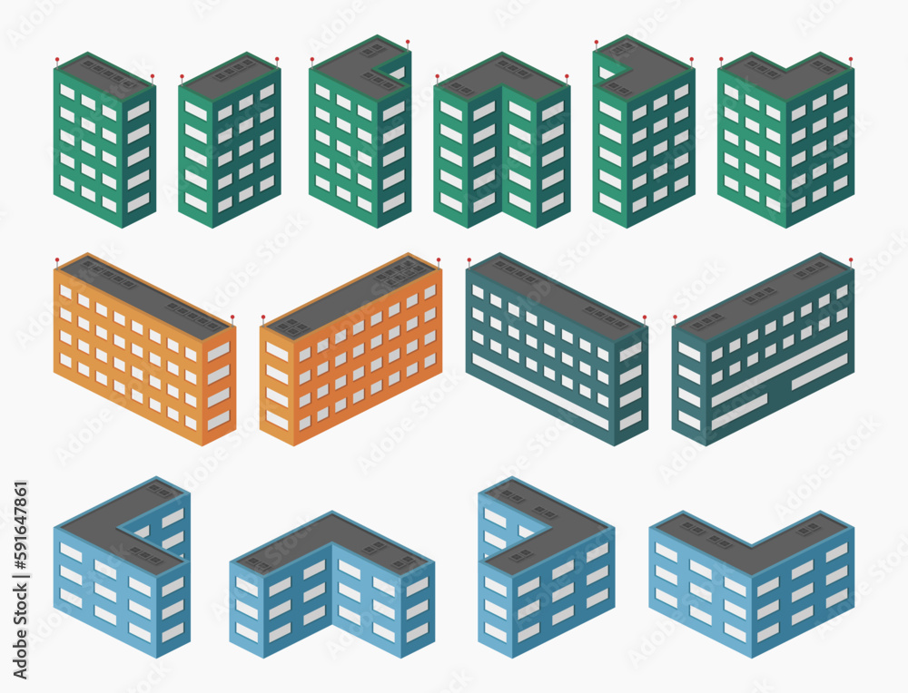 isometric city apartment office building set isolated vector flat illustration isometric city apartment office building set isolated vector flat illustration