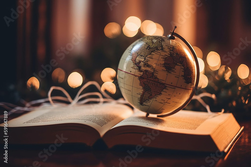 A picture of a book with a globe next to it, bokeh, World Book Day Generative AI