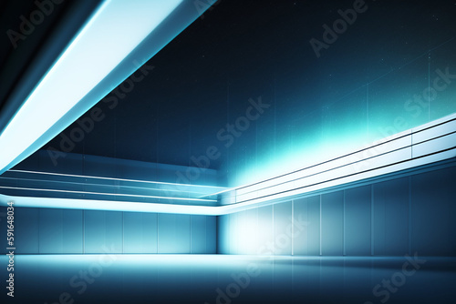 Interior blue futuristic background, sci-fi interior concept. Empty interior with neon lights 3D illustration. 3D rendering Abstract blue room.  © Mila