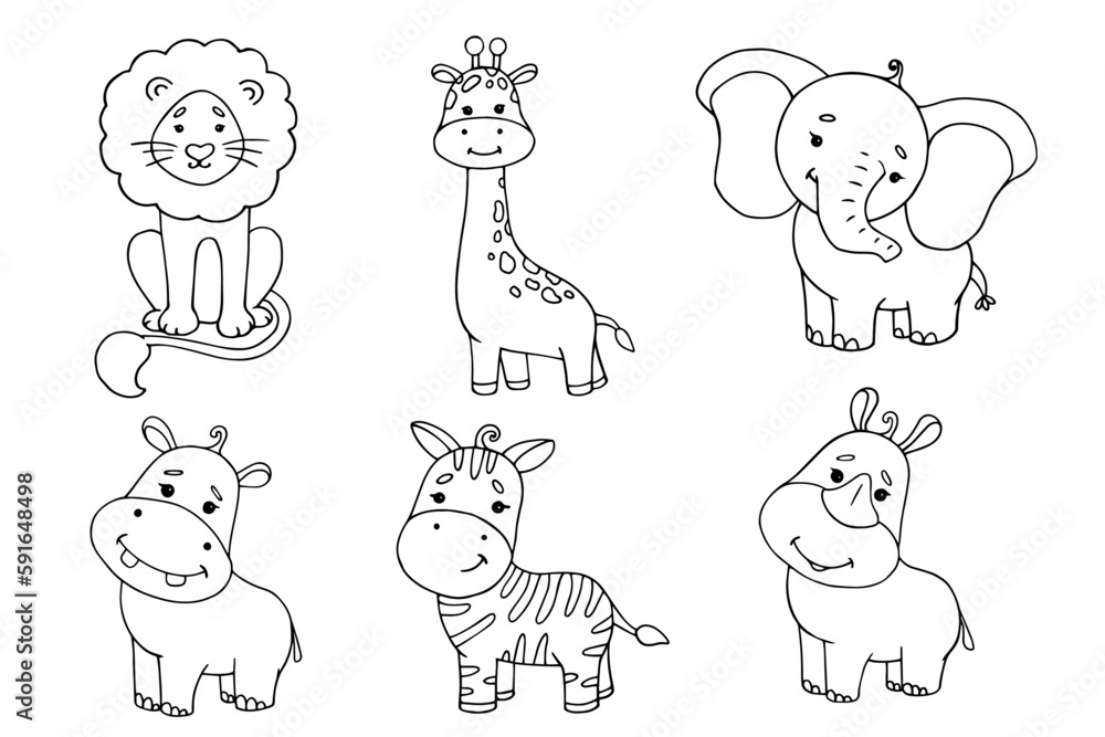 Linear sketches, coloring pages of little cute animals of the African savannah. Vector graphics.