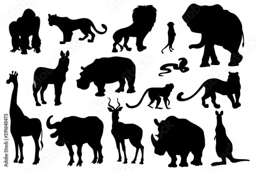 Set of African savannah wild animals silhouettes. Vector graphics.