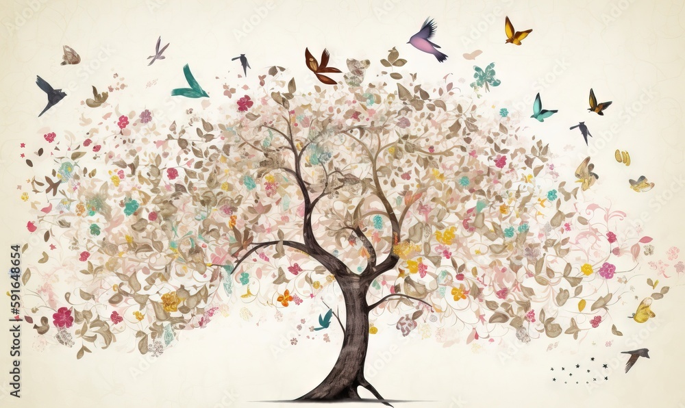 Naklejka premium a tree with lots of butterflies flying around the branches and branches. generative ai