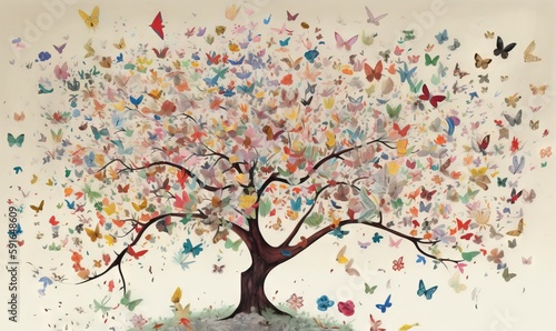  a painting of a tree with many butterflies flying around it. generative ai