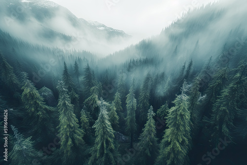 Forest with fog in the trees and mist, smokey background. Generative Ai.