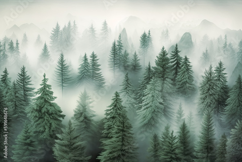 Forest with fog in the trees and mist, smokey background. Generative Ai. © Saulo Collado