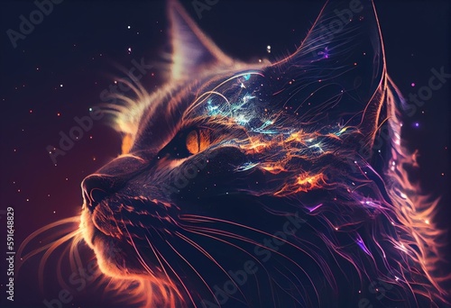 Fantasy cat head, double exposure with cosmic lights. Created with Generative AI technology