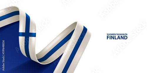 Finland ribbon flag. Bent waving ribbon in colors of the Finland national flag. National flag background.
