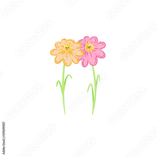 illustrated happy friend flowers hugging. two smiling flowers drawn on a trasparent background