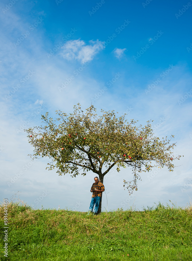 Farmer standing on hill next to apple tree, eating apple, Germany Farmer standing on hill next to apple tree, eating apple, Germany