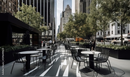  a group of tables and chairs sitting on a sidewalk next to tall buildings. generative ai