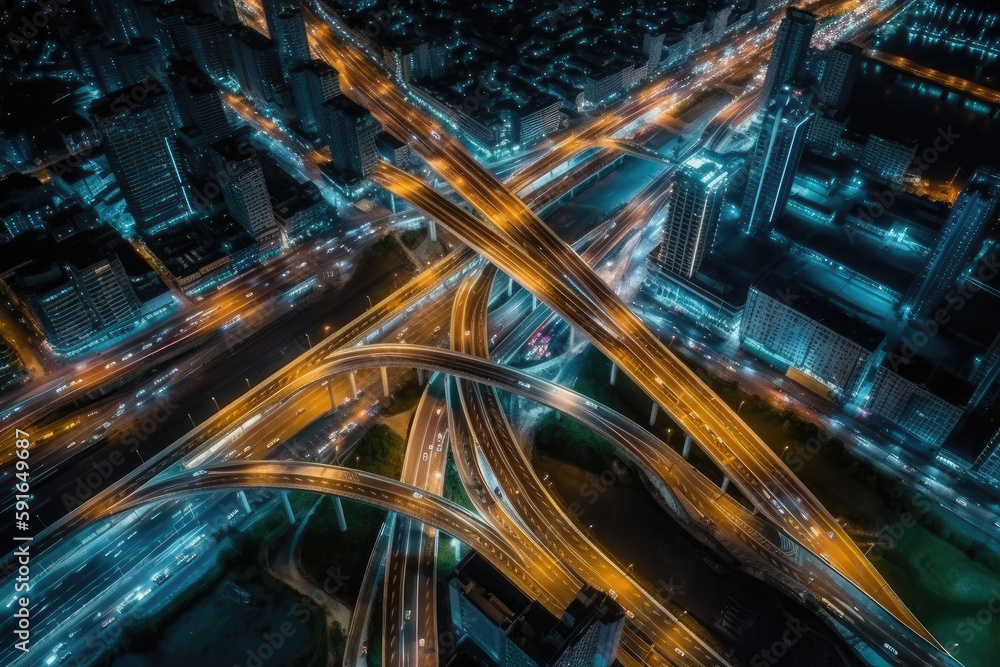 traffic at night from a drone view created with Generative AI technology traffic at night from a drone view created with Generative AI technology