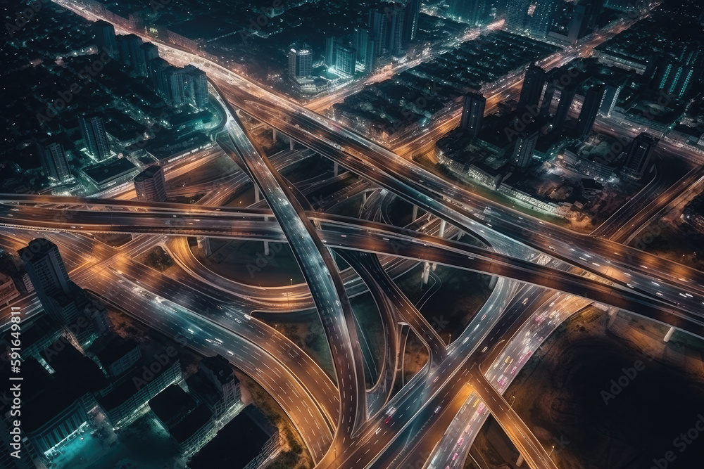 traffic at night from a drone view created with Generative AI technology traffic at night from a drone view created with Generative AI technology