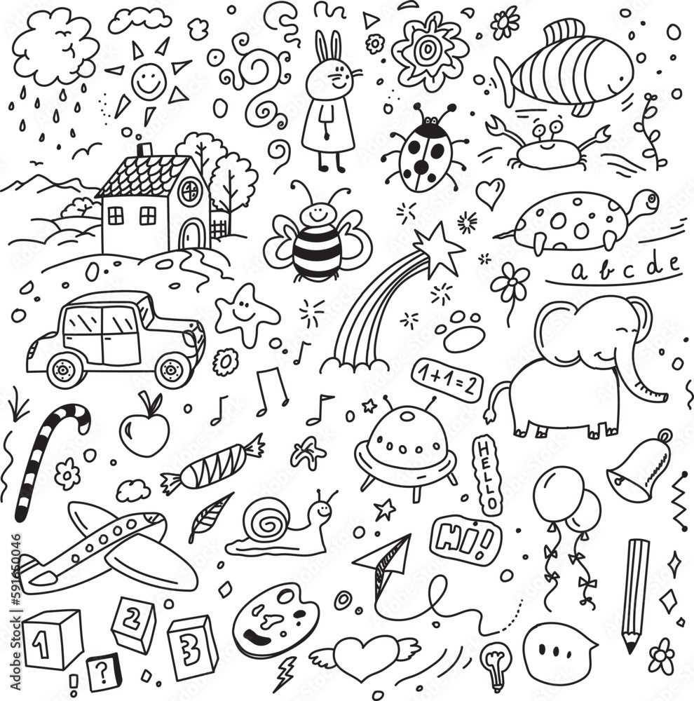 Cute kids doodles, vector hand drawings on white background