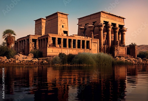 Philae Temple of Isis, Aswan, upper Egypt. Generative AI