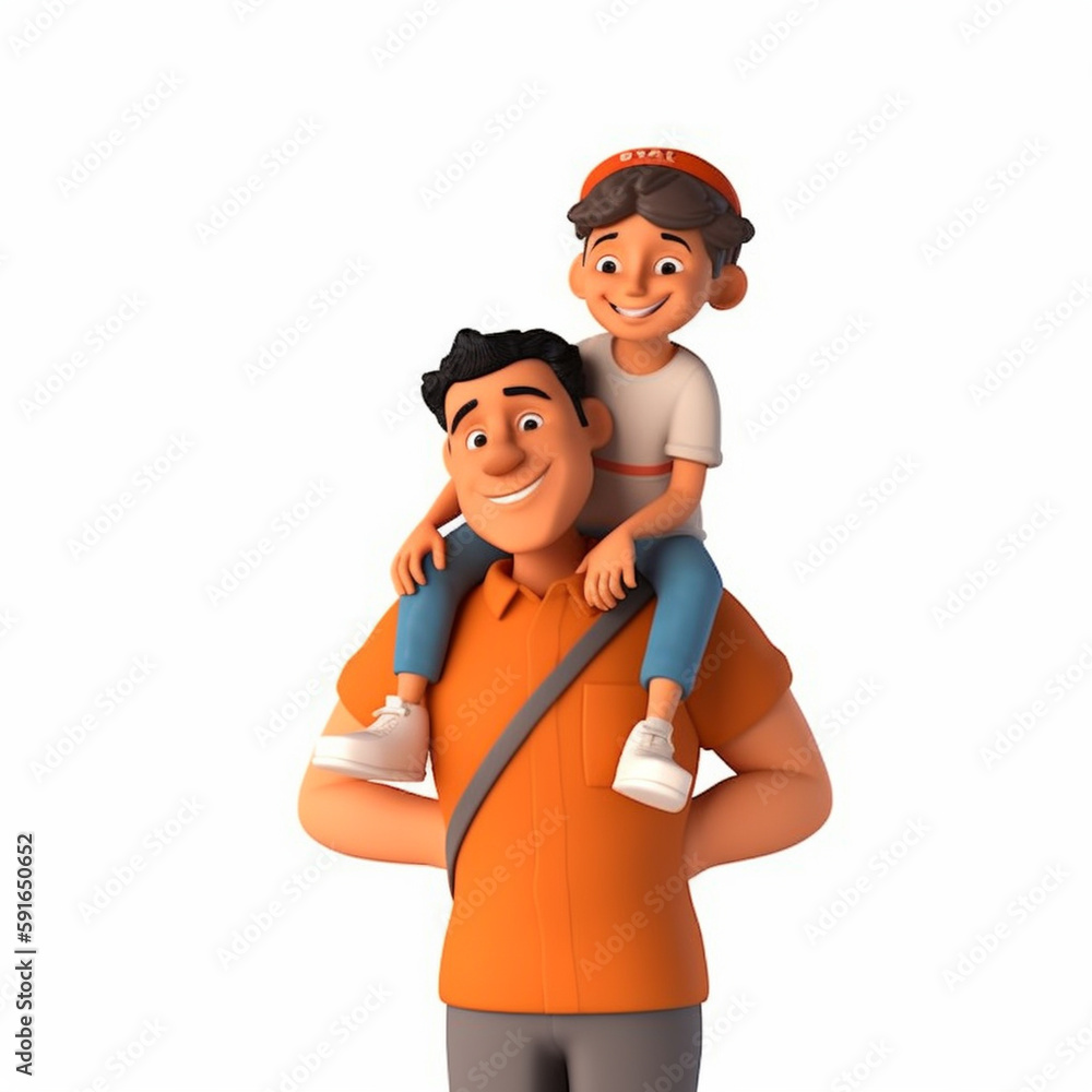 3d illustration. Cartoon boy carries his father on his shoulders. Isolated white background. Happy Father's day Concept, generative ai 3d illustration. Cartoon boy carries his father on his shoulders. Isolated white background. Happy Father's day Concept, generative ai