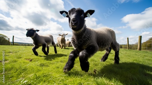 Playful Suffolk Sheep Lambs at the Farm © Emojibb.Family
