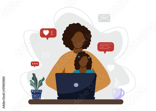 Woman freelancer working from home with child. Single mom taking care of her daughter alone. Single parent family