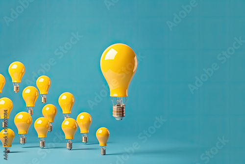 Flying yellow light bulb outstanding from the crowd on blue background, created with Generative AI photo