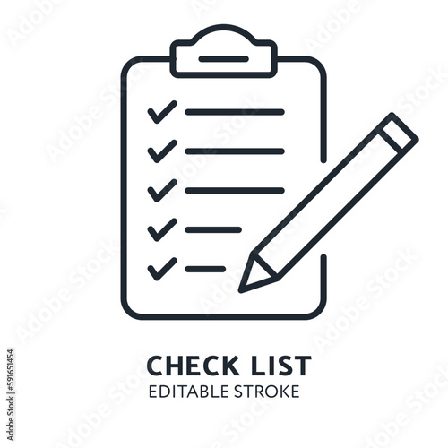Checklist icon. clipboard with a check list vector sign. medical survey test list with a tick symbol. suitable for office and inventory lists. Black outlined editable stroke icon.  © Gopal