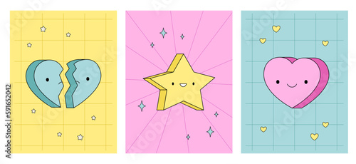 Set cute posters, trendy y2k illustration, nostalgia for 90s