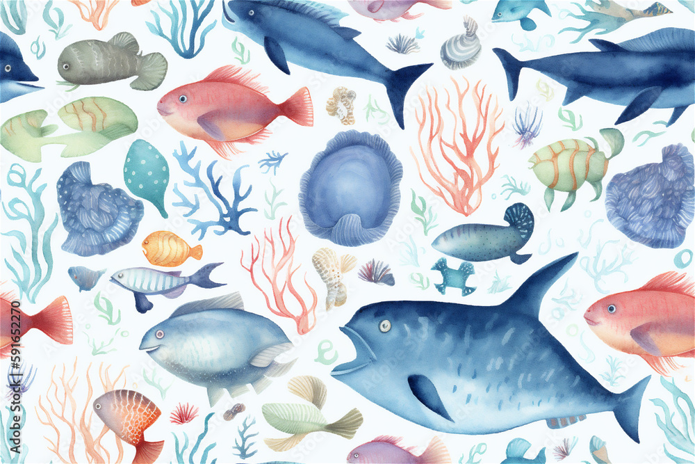 Naklejka premium Watercolor Abstract Ai Generative Illustration Inspired by Sea Life, Fishes, and Flora Elements