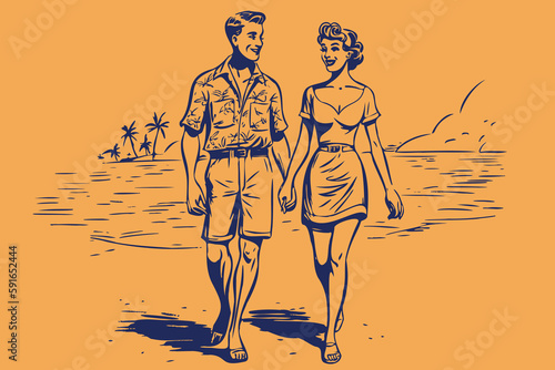 retro cartoon illustration of a happy couple walking at the beach