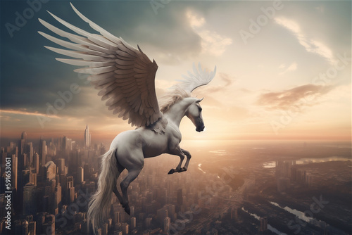 Pegasus Flying Above a City Cinematic Shot
