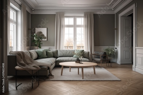 Render of luxury home interior, living room Generative AI © AiAgency