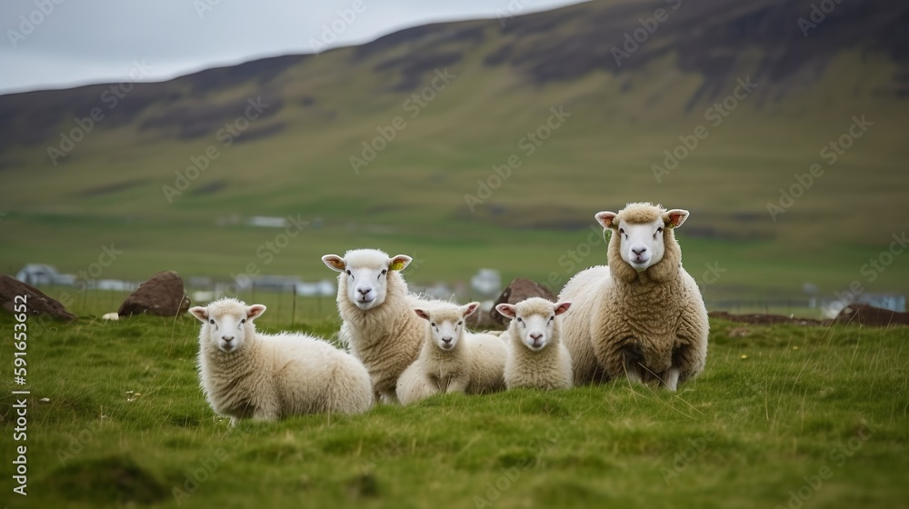Fototapeta premium Icelandic Sheep with their playful lambs