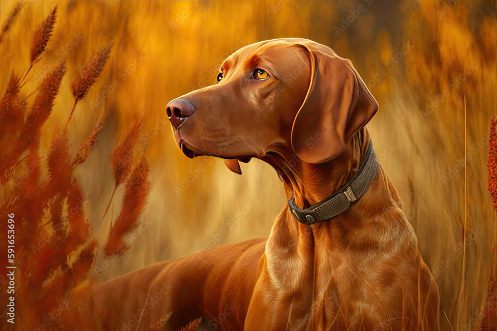 a big brown dog sits in the wheat field in beautiful evening light. golden hour. Generative AI