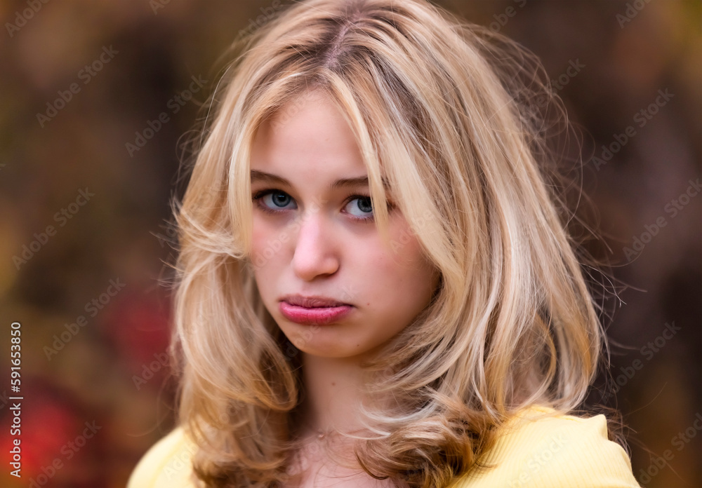 Portrait of a beautiful young teenage girl with a big frown on her face; St. Albert, Alberta, Canada Portrait of a beautiful young teenage girl with a big frown on her face; St. Albert, Alberta, Canada