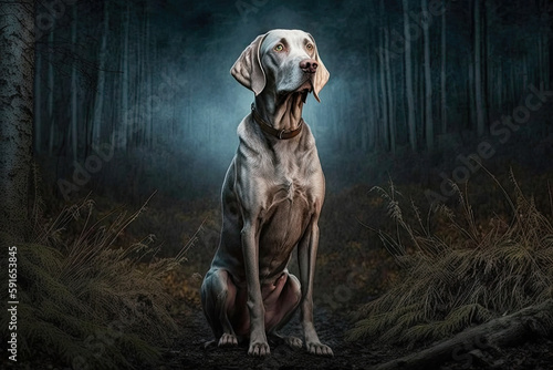 a weimaran dog is standing in the forest at night. Generative AI