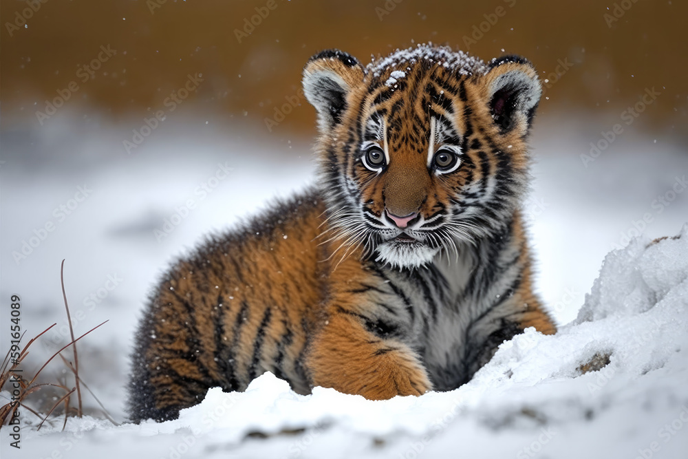 Obraz premium a cute baby tiger is playing in the snow. Generative AI