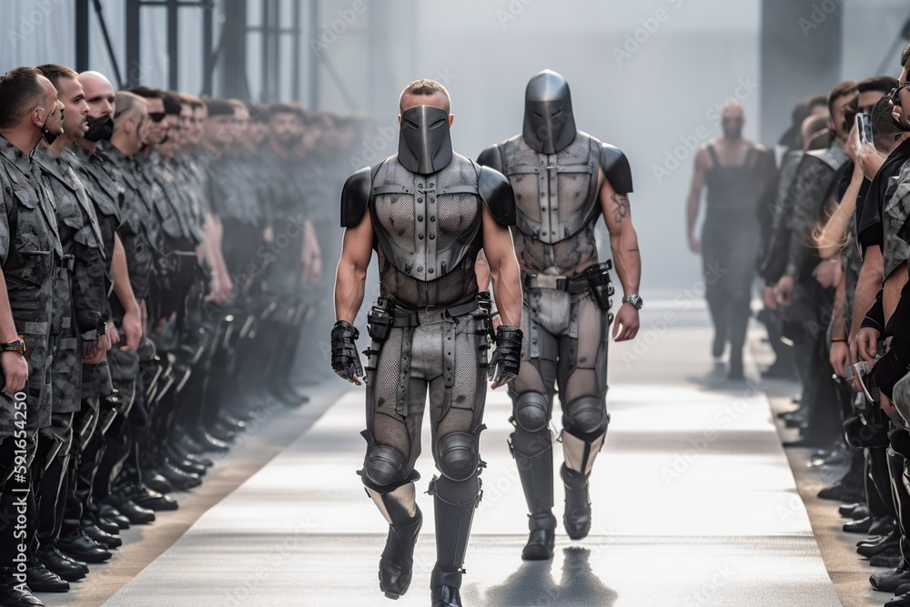 Handsome men with muscular bodies on the catwalk made with generative AI