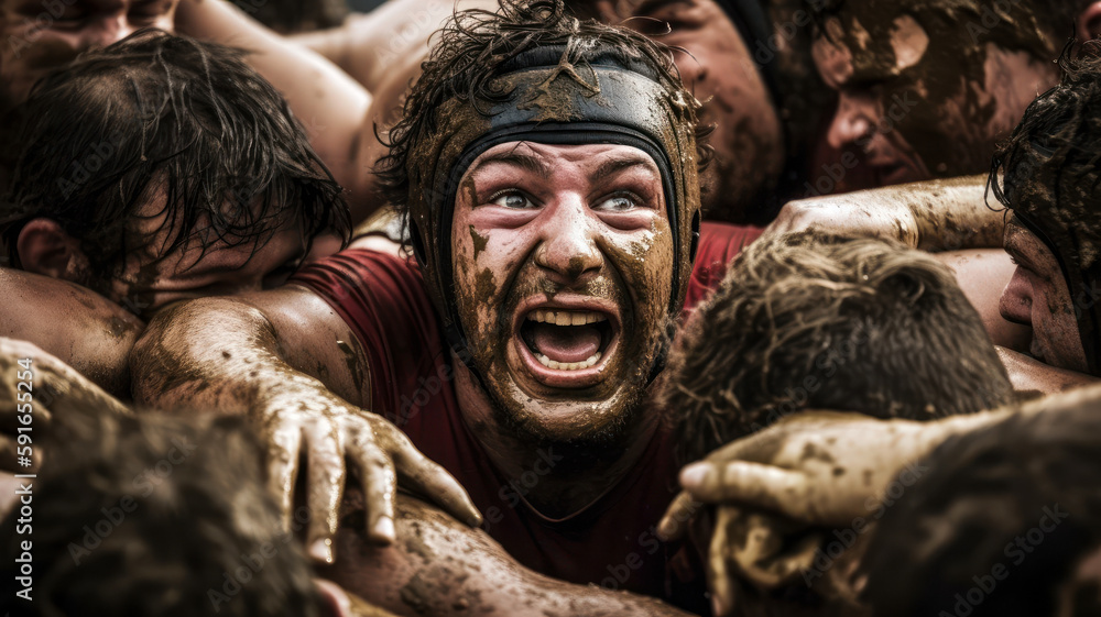 A muddy rugby match is being played in a stadium. Rugby players tackling during game. Generative AI A muddy rugby match is being played in a stadium. Rugby players tackling during game. Generative AI