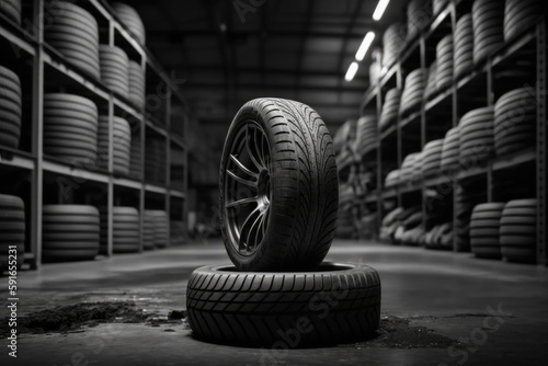 tires with rims in a workshop or warehouse. Generative AI photo