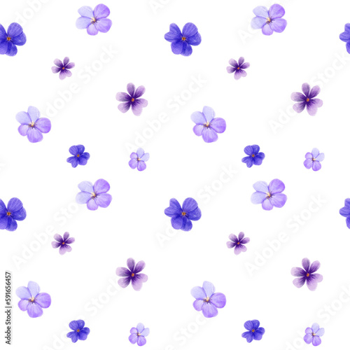 Seamless pattern with different purple violet flowers and leaves on a white background