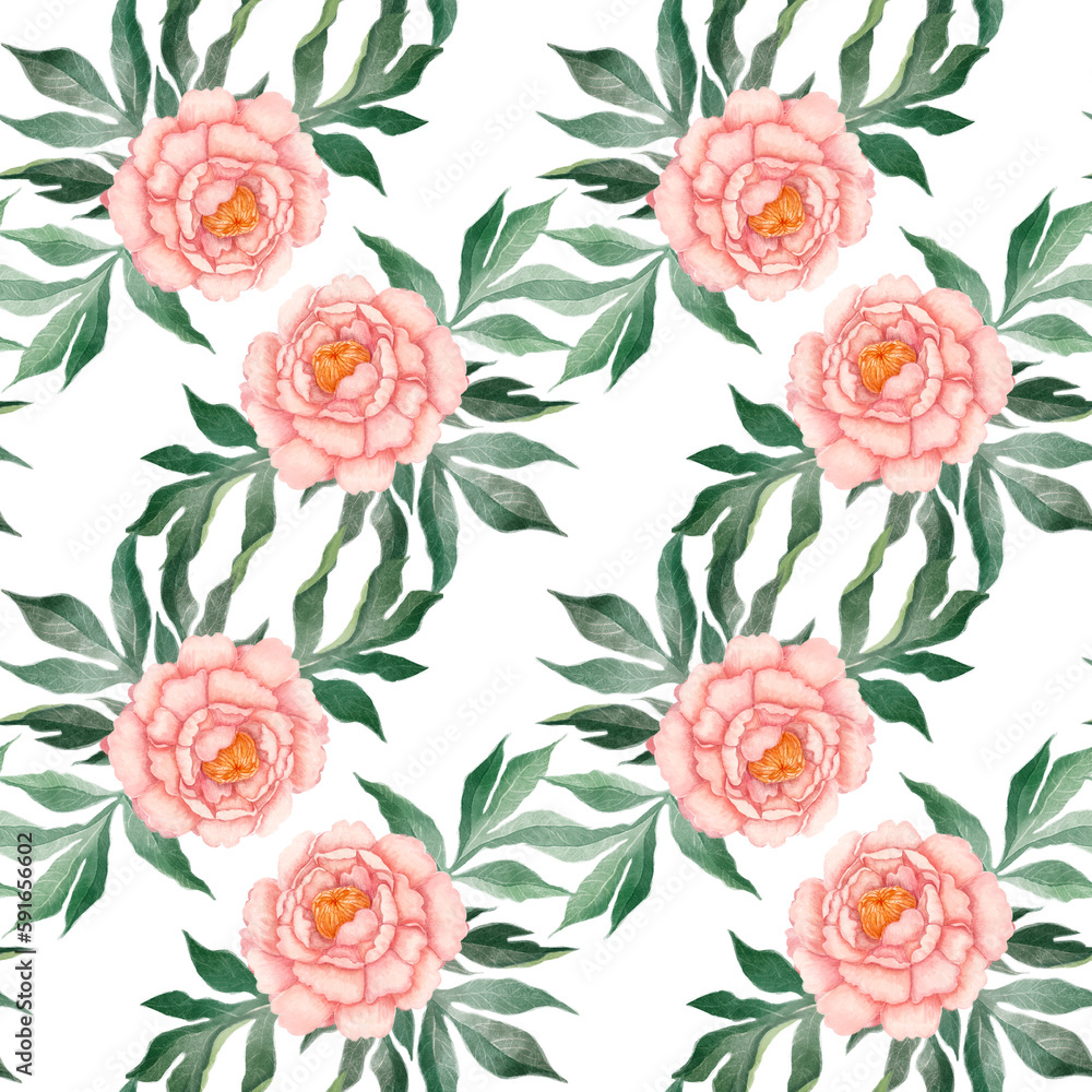 Seamless pattern with peach peonies and leaves on a white background